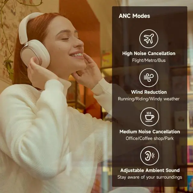 Alt view image 3 of 7 - Edifier Active Noise Cancelling Headphones, Over Ear Bluetooth Headset, 92H Playtime Wired & Wireless Hi-Res Audio Certified, Fast Charging Clear Calls for Home Office Travel - Ivory