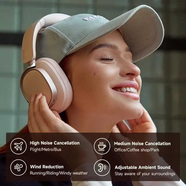 Alt view image 4 of 7 - Edifier Active Noise Cancelling Headphones, Over Ear Bluetooth Headset, 92H Playtime Wired & Wireless Hi-Res Audio Certified, Fast Charging Clear Calls for Home Office Travel - Pink