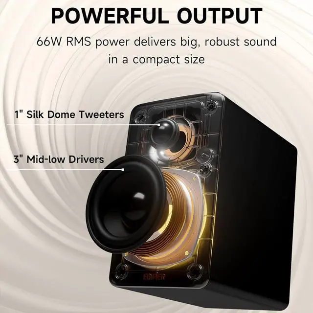 Alt view image 3 of 7 - Edifier Bookshelf Speakers, 66W RMS Desktop Speakers, Hi-Res Audio & Hi-Res Wireless Audio Computer Speakers, Bluetooth V5.3 Speakers with USB-C AUX Input and Stands  Black