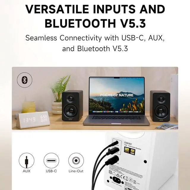 Alt view image 5 of 7 - Edifier Bookshelf Speakers, 66W RMS Desktop Speakers, Hi-Res Audio & Hi-Res Wireless Audio Computer Speakers, Bluetooth V5.3 Speakers with USB-C AUX Input and Stands  Black