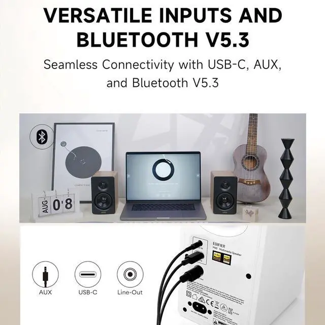 Alt view image 5 of 7 - Edifier Bookshelf Speakers, 66W RMS Desktop Speakers, Hi-Res Audio & Hi-Res Wireless Audio Computer Speakers, Bluetooth V5.3 Speakers with USB-C AUX Input and Stands  Oak