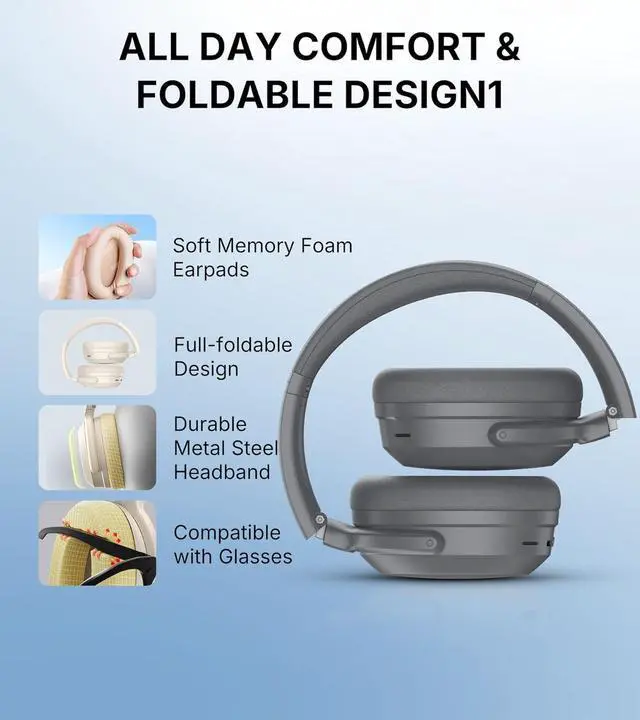 Alt view image 4 of 7 - Edifier WH700NB Pro Wireless Over-Ear Headphones with Active Noise Cancellation, Hi-Res Audio, Bluetooth V5.4, Multi-Point Connection, Al Clear Calls, Fast Charging, Foldable - Gray