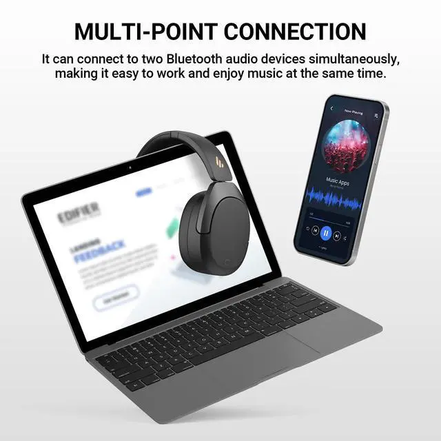 Alt view image 6 of 7 - Edifier W830NB Active Noise Cancelling Wireless Over-Ear Headphones, Foldable Lightweight Bluetooth Headset with Hi-Res Audio, Dual Device Connection, 94 Hours Playtime Fast Charging - Black