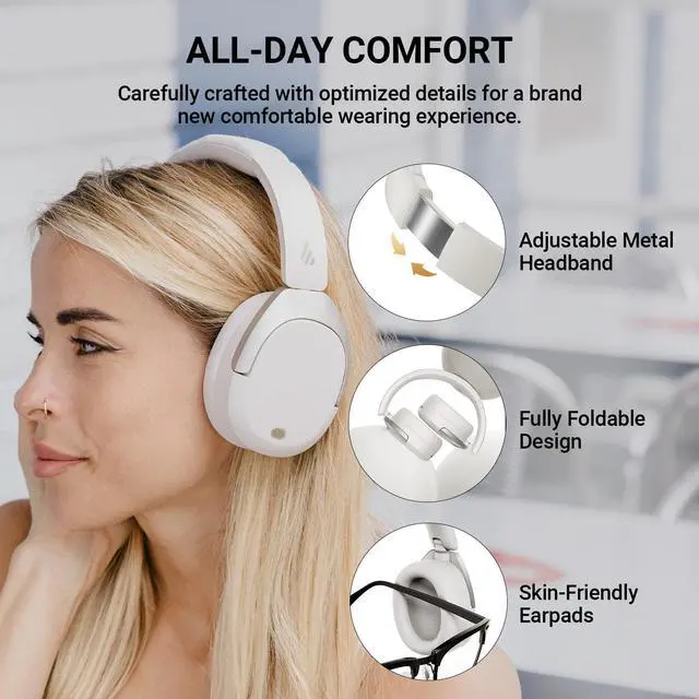 Alt view image 6 of 6 - Edifier W830NB Active Noise Cancelling Wireless Over-Ear Headphones, Foldable Lightweight Bluetooth Headset with Hi-Res Audio, Dual Device Connection, 94 Hours Playtime Fast Charging - White