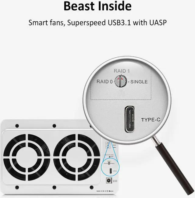 Alt view image 5 of 7 - TerraMaster D5-300C USB3.0(5Gbps) Type C 5-Bay RAID Enclosure Support RAID 0/1/Single Exclusive 2+3 RAID Mode Hard Drive RAID Storage (Diskless)