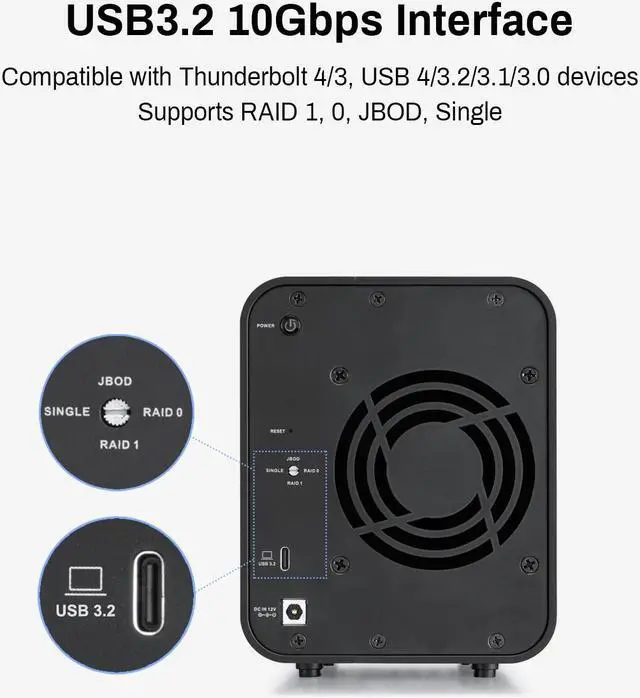 Alt view image 3 of 7 - TERRAMASTER D2-320 USB RAID Enclosure  USB 3.2 Gen 2 10Gbps Type C 2Bay RAID Storage Supports RAID 0, 1, Single, JBOD (Diskless)