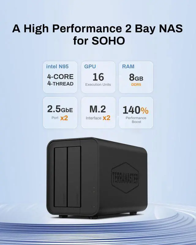 Alt view image 2 of 7 - TERRAMASTER F2-424 NAS Storage 2Bay  N95 Quad-Core CPU, 8GB DDR5 RAM, 2.5GbE Port x 2, Network Attached Storage with High Performance (Diskless)