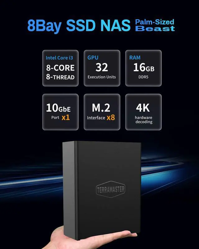Alt view image 2 of 7 - TERRAMASTER F8 SSD Plus NAS - 8Bay All SSD NAS Storage Core i3 8-Core 8-Thread CPU, 16GB DDR5 RAM, 10GbE Port, Palm-Sized Network Attached Storage Peak Performance for Business (Diskless)