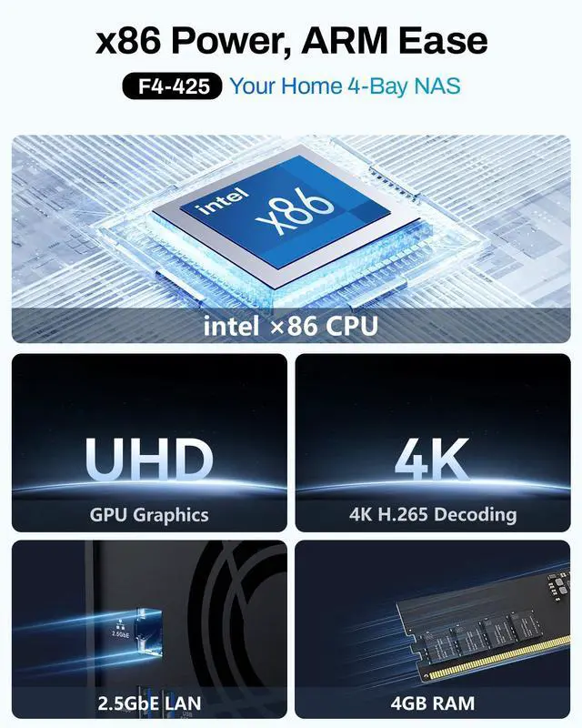 Alt view image 2 of 7 - TERRAMASTER F4-425 4-Bay NAS Storage  Intel x86 Quad-Core CPU, 4GB RAM, 2.5GbE LAN, Network Attached Storage Multimedia Server for Home Users (Diskless)