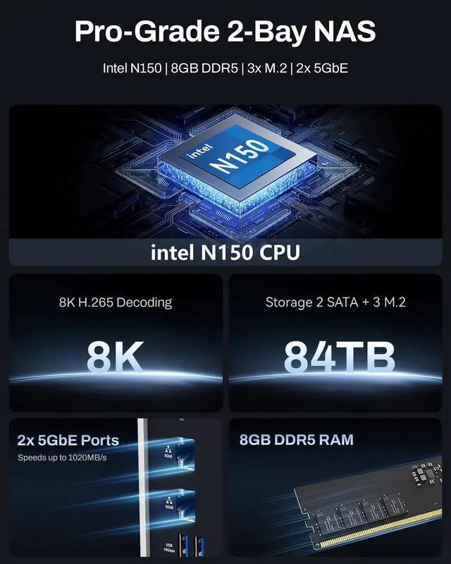 Alt view image 2 of 7 - TERRAMASTER F2-425 Plus NAS Storage - 2Bay Intel N150 Quad-Core CPU, 8GB RAM DDR5, 5GbE LAN x 2, M.2 Slot x 3, Network Attached Storage for Teamwork, Multimedia Server (Diskless)
