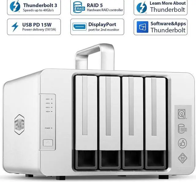 Alt view image 2 of 7 - TerraMaster D4 Thunderbolt 3 Professional-Grade 4-Bay External Hard Drive Enclosure RAID 0/RAID1/RAID5/RAID10/JBOD Hard Disk RAID Storage (Diskless)