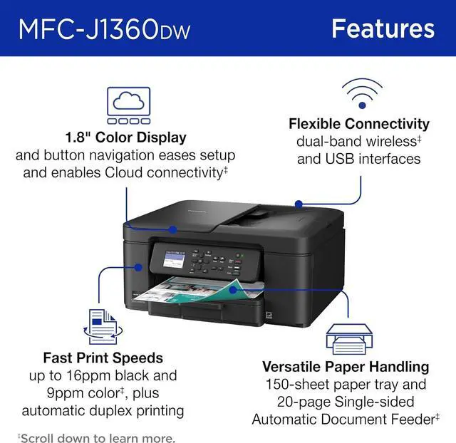 Alt view image 3 of 6 - Brother Work Smart MFC-J1360DW Wired & Wireless Inkjet Multifunction Printer - - OEM