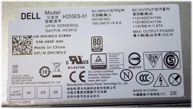 Alt view image 6 of 11 - Dell HCWV2 Optiplex 9020 255W 8-Pin Desktop Power Supply