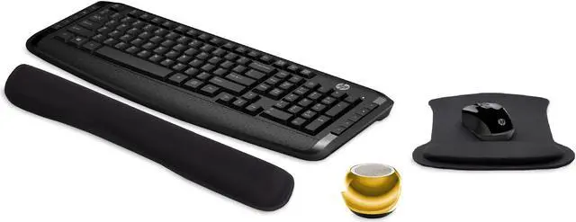 Main image of HP Wireless Keyboard & Mouse 300 PC Accessories Bundle with Gel Mouse & Wrist Pads, & Mini Bluetooth Speaker with Professional Sound, Built-in Mic & Remote Selfie Button - Mirror Gold