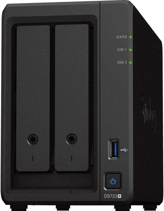 Alt view image 2 of 5 - Synology DiskStation DS723+ NAS Server with Ryzen 2.6GHz CPU, 32GB Memory, 44TB HDD Storage, 2TB M.2 NVMe SSD, 2 x 1GbE LAN Ports, DSM Operating System