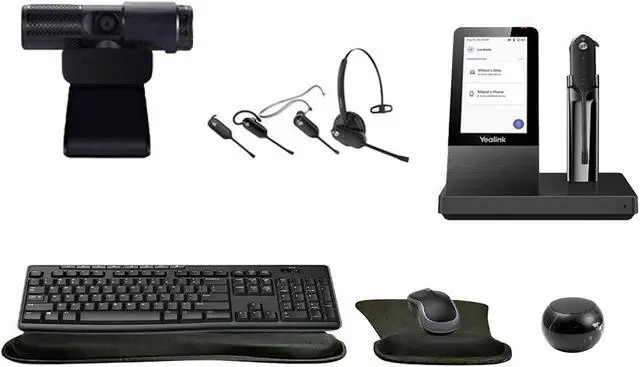 Main image of Yealink WH67 Mono Bluetooth Headset with Multitouch Console Bundle with Cam 313 2MP Webcam, MK270 Wireless Keyboard and Mouse, Mini Speaker, Gel Wrist & Mouse Pad, Pack of 4