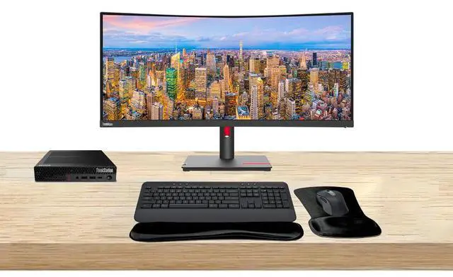Main image of Lenovo ThinkStation P3 Tiny i7, 32GB RAM, 512GB SSD, T400 4GB DDR6 Graphics Bundled with ViewFinity S65UA 34 Curved 2K UWQHD, MK650 Wireless Keyboard & Mouse, Gel Mouse & Wrist Pad