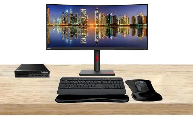 Main image of Lenovo ThinkStation P3 Tiny i9, 32GB RAM, 1TB SSD, T1000 8GB DDR6 Graphics Bundled with ThinkVision T34w 34 Curved 2K UWQHD, MK650 Wireless Keyboard & Mouse, Gel Mouse & Wrist Pad