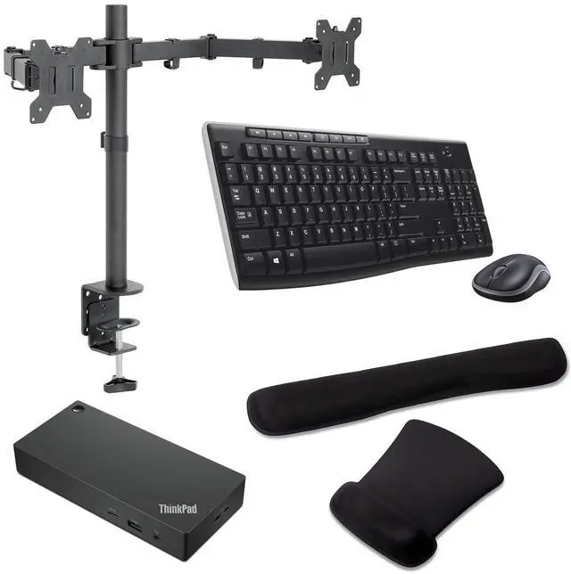 Main image of Lenovo ThinkPad Thunderbolt 4 Workstation Dock 230W, 4K Support, HDMI, USB-C, DisplayPort Bundled with Desk Mount Dual Monitor Stand, MK270 Wireless Keyboard & Mouse with Gel Mouse & Wrist Pad