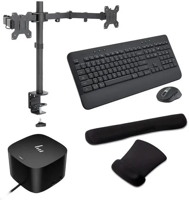 Main image of HP Thunderbolt G4 Dock 120W, 4K Support w/Thunderbolt Cable, HDMI, USB-C, DisplayPort and USB Hub Bundled with, Desk Mount Dual Monitor Stand, MK650 Wireless Keyboard/Mouse set, Gel Mouse & Wrist Pad