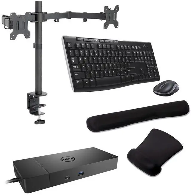 Main image of Dell WD19S USB-C Workstation Dock 90W 4K Support, HDMI, USB Hub and Ethernet Bundled with Desk Mount Dual Monitor Stand, MK270 Wireless Keyboard & Mouse, Gel Mouse & Wrist Pad