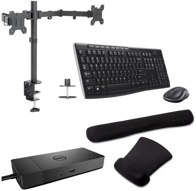 Main image of Dell WD19S USB-C Workstation Dock 130W 4K Support, HDMI, USB Hub and Ethernet Bundled With Desk Mount Dual Monitor Stand, MK270 Wireless Keyboard & Mouse, Gel Mouse & Wrist Pad