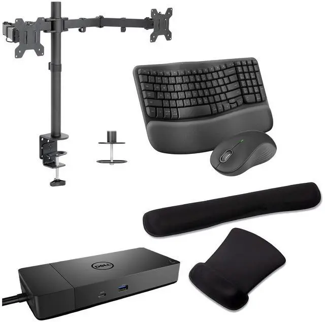 Main image of Dell Performance WD19DCS USB-C Dock 210W Triple 4K Support, HDMI, DisplayPort, USB Hub and Ethernet Bundled With Desk Mount Dual Monitor Stand, MK670 Wireless Keyboard & Mouse, Gel Mouse & Wrist Pad