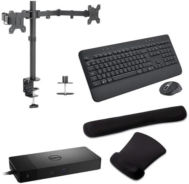 Main image of Dell WD22TB4 Thunderbolt Dock Workstation 130W Quad 4K Support, HDMI, USB-C, DisplayPort and USB Hub Bundled With Desk Mount Dual Monitor Stand, MK650 Wireless Keyboard & Mouse, Gel Mouse & Wrist Pad
