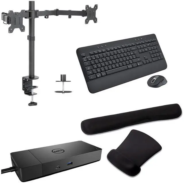 Main image of Dell WD19S USB-C Workstation Dock 90W, 4K Support, HDMI, USB Hub and Ethernet Bundled With Desk Mount Dual Monitor Stand, MK650 Wireless Keyboard & Mouse, Gel Mouse & Wrist Pad