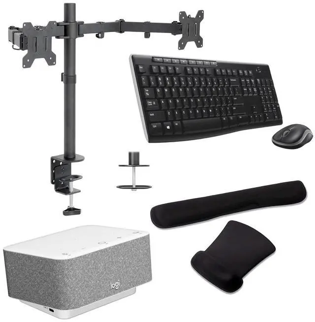 Main image of Logitech Docking Station 100W Dock in White with 4K Support and USB HubDesk Bundled with Mount Dual Monitor Stand, MK270 Wireless Keyboard and Mouse, Gel Mouse & Wrist Pad