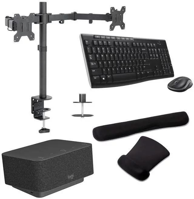 Main image of Logitech Docking Station 100W Dock in Graphite Gray with 4K Support and USB HubDesk Bundled with Mount Dual Monitor Stand, MK270 Wireless Keyboard and Mouse, Gel Mouse & Wrist Pad