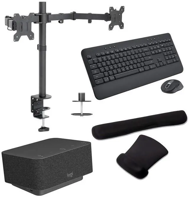 Main image of Logitech Docking Station 100W Dock in Graphite Gray with 4K Support and USB HubDesk Bundled with Mount Dual Monitor Stand, MK650 Wireless Keyboard and Mouse, Gel Mouse & Wrist Pad