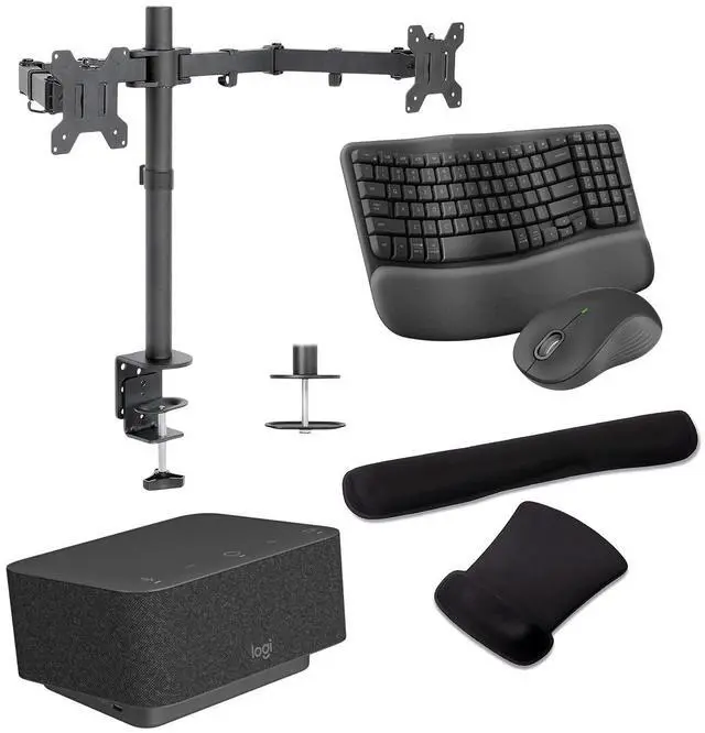 Main image of Logitech Docking Station 100W Dock in Graphite Gray with 4K Support and USB HubDesk Bundled with Mount Dual Monitor Stand, MK670 Wireless Keyboard and Mouse, Gel Mouse & Wrist Pad