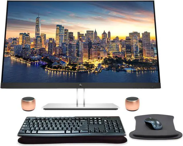 Main image of HP EliteDisplay E27q G4 27 Inch QHD IPS Office Monitor Bundle with HDMI, Blue Light Filter, Bluetooth Magnetic Pro Travel Friendly Speakers, MK270 Wireless Keyboard and Mouse, and Gel Pads