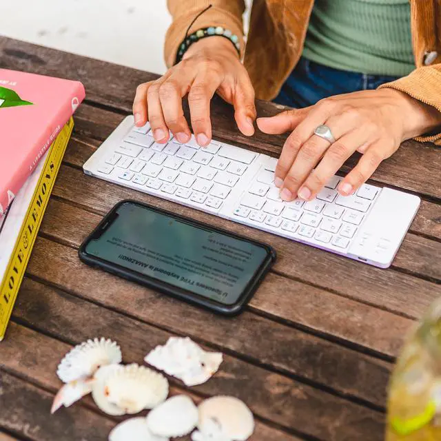 Alt view image 6 of 7 - Fashionit U Speakers Boost Water-Resistant Portable Bluetooth Speaker with Selfie Remote Control, Bass, & Mic Travel Home Office Modern Bundle with Mini Folding Wireless Keyboard & Pebble Mouse