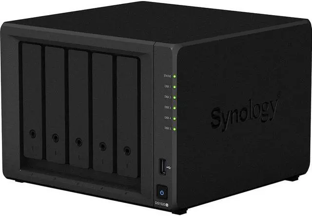 Alt view image 3 of 5 - Synology DiskStation DS1520+ NAS Server with Celeron 2.0GHz CPU, 8GB Memory, 50TB HDD Storage, 1TB M.2 NVMe SSD, 4 x 1GbE LAN Ports, DSM Operating System