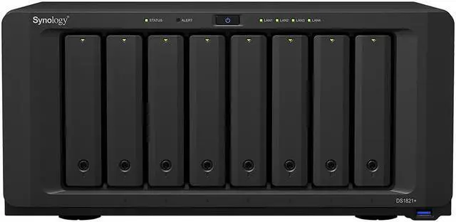 Main image of Synology DiskStation DS1821+ NAS Server with Ryzen 2.2GHz CPU, 32GB Memory, 128TB HDD Storage, 1TB M.2 NVMe SSD, 4 x 1GbE LAN Ports, DSM Operating System