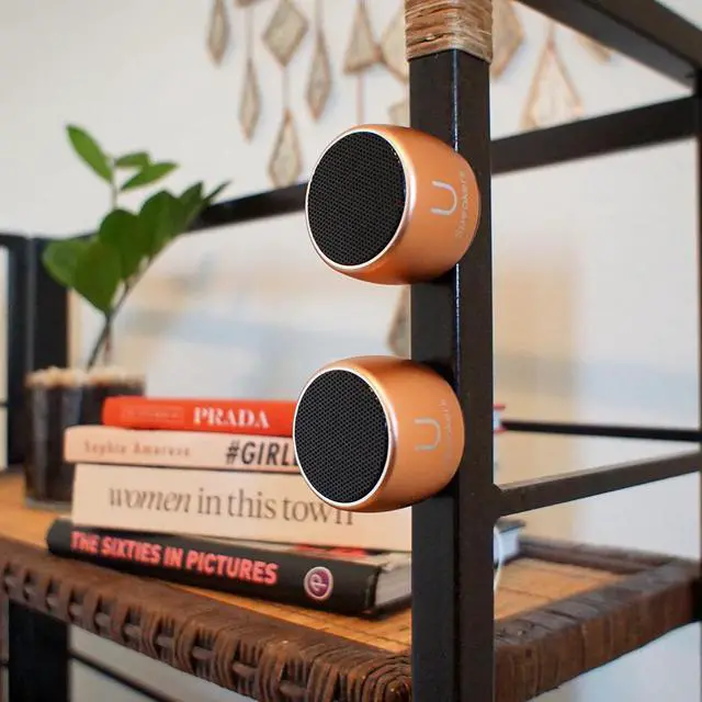 Alt view image 5 of 7 - Fashionit U Speakers Set of 2 Pro Portable Wireless Bluetooth Speakers with Charging Tray, Magnetic Bases, Mics & Selfie Remote Control - Ideal for Active Lifestyle, Travel, Home, & Office - Rose Gold