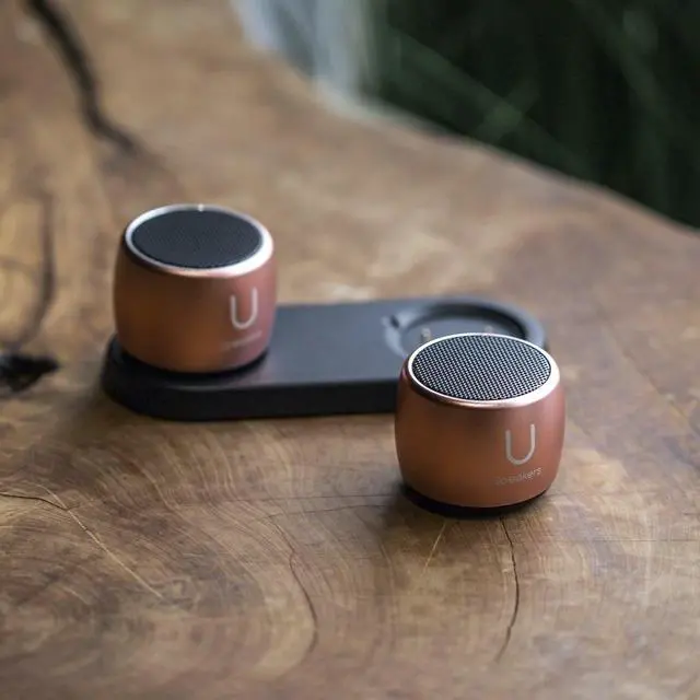 Alt view image 4 of 7 - Fashionit U Speakers Set of 2 Pro Portable Wireless Bluetooth Speakers with Charging Tray, Magnetic Bases, Mics & Selfie Remote Control - Ideal for Active Lifestyle, Travel, Home, & Office - Rose Gold