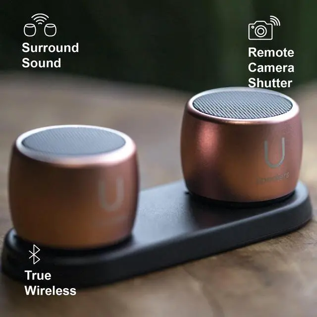 Alt view image 3 of 7 - Fashionit U Speakers Set of 2 Pro Portable Wireless Bluetooth Speakers with Charging Tray, Magnetic Bases, Mics & Selfie Remote Control - Ideal for Active Lifestyle, Travel, Home, & Office - Rose Gold