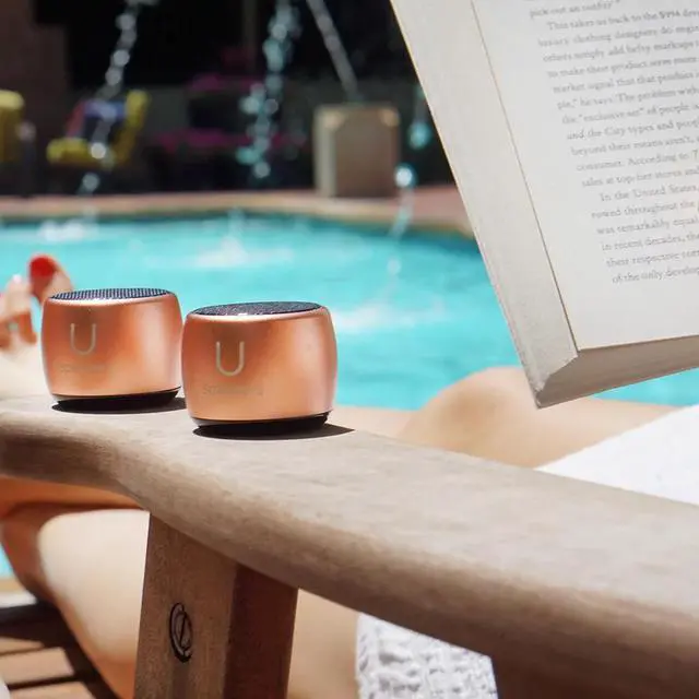 Alt view image 7 of 7 - Fashionit U Speakers Set of 2 Pro Portable Wireless Bluetooth Speakers with Charging Tray, Magnetic Bases, Mics & Selfie Remote Control - Ideal for Active Lifestyle, Travel, Home, & Office - Rose Gold