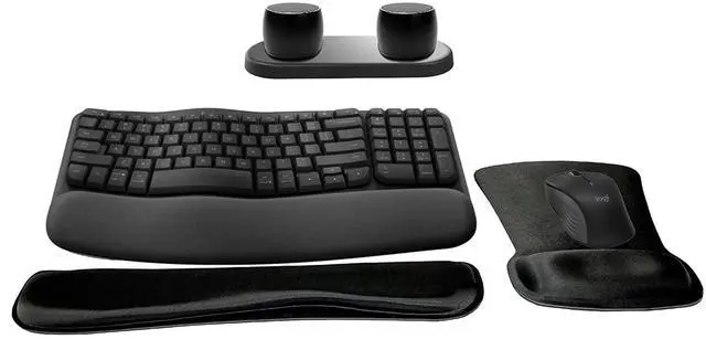 Main image of Logitech MK670 Comfort Wave Wireless Keyboard & Mouse Combo Travel Home Office Modern Bundle with Set of 2 Pro Portable Wireless Bluetooth Speakers, Charging Tray, Gel Wrist Pad & Gel Mouse Pad