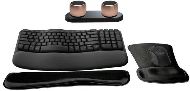 Main image of Logitech MK670 Comfort Wave Wireless Keyboard & Mouse Combo Travel Home Office Modern Bundle with Set of 2 Pro Portable Wireless Bluetooth Speakers, Charging Tray, Gel Wrist Pad & Gel Mouse Pad