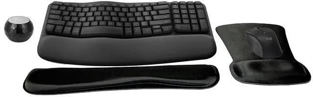Main image of Logitech MK670 Comfort Wave Wireless Keyboard & Mouse Combo Home Office Active Lifestyle Must-Have Modern Bundle with Mini Glam Portable Wireless Bluetooth Speaker, Gel Wrist Pad & Gel Mouse Pad