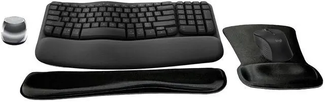 Main image of Logitech MK670 Comfort Wave Wireless Keyboard & Mouse Combo Home Office Active Lifestyle Modern Bundle with Micro Mirror Portable Wireless Bluetooth Speaker, Gel Wrist Pad & Gel Mouse Pad