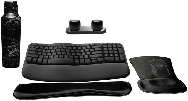 Main image of Logitech MK670 Comfort Wave Wireless Keyboard & Mouse Combo Travel Home Office Modern Bundle with 2 Pro Portable Wireless Bluetooth Speakers, Charging Tray, Gel Wrist Pad, Gel Mouse Pad & 20oz Canteen