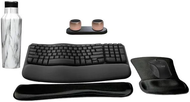 Main image of Logitech MK670 Comfort Wave Wireless Keyboard & Mouse Combo Travel Home Office Modern Bundle with 2 Pro Portable Wireless Bluetooth Speakers, Charging Tray, Gel Wrist Pad, Gel Mouse Pad & 20oz Canteen