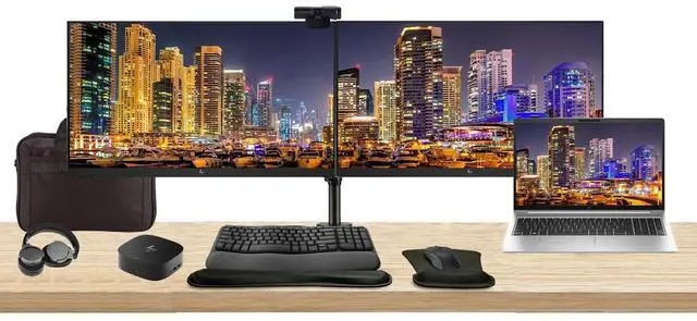 Main image of HP ProBook 455 G10 15.6" Ryzen 5, 8GB RAM, 256GB SSD, Bundle with 2 x EliteDisplay E27 27" Monitors, Dual Stand, USB-C Dock, MK670 Wireless Keyboard and Mouse, Gel Pad, Webcam, Headphones, Bag
