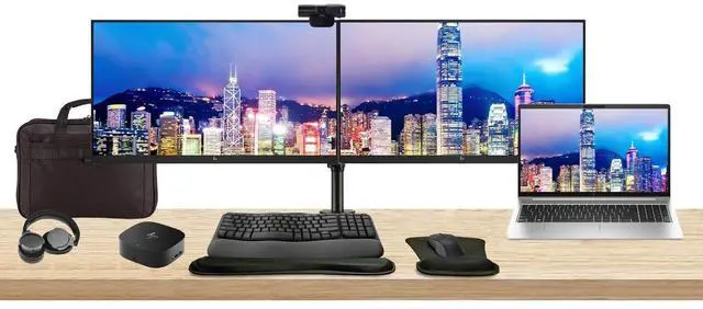 Main image of HP ProBook 455 G10 15.6" Ryzen 5, 16GB RAM, 256GB SSD, Bundle with 2 x EliteDisplay E24 24" Monitors, Dual Stand, USB-C Dock, MK670 Wireless Keyboard and Mouse, Gel Pad, Webcam, Headphones, Bag