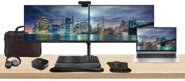 Main image of HP ProBook 455 G10 15.6" Ryzen 7, 16GB RAM, 512GB SSD, Bundle with 2 x EliteDisplay E24 24" Monitors, Dual Stand, USB-C Dock, MK670 Wireless Keyboard and Mouse, Gel Pad, Webcam, Headphones, Bag